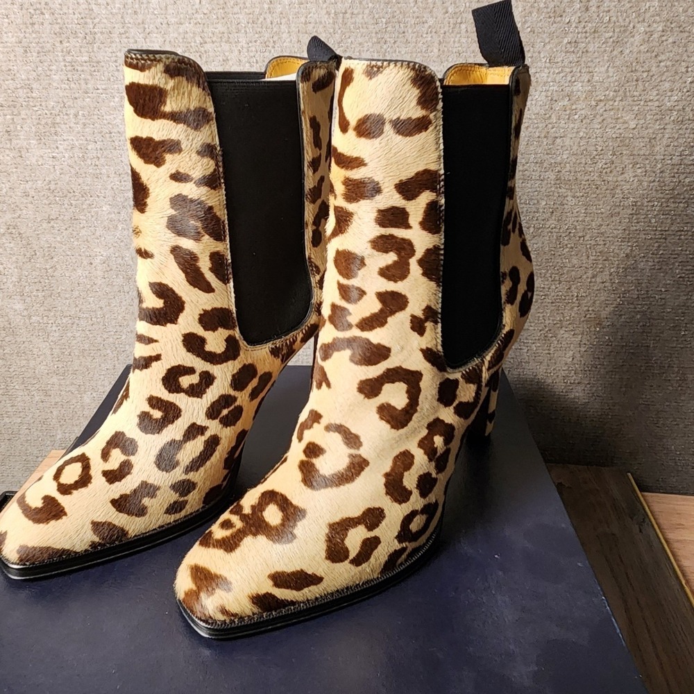 NEW Ralph Lauren Purple LB Zoie Leopard Calf Hair Boots High Heel Ankle Boots